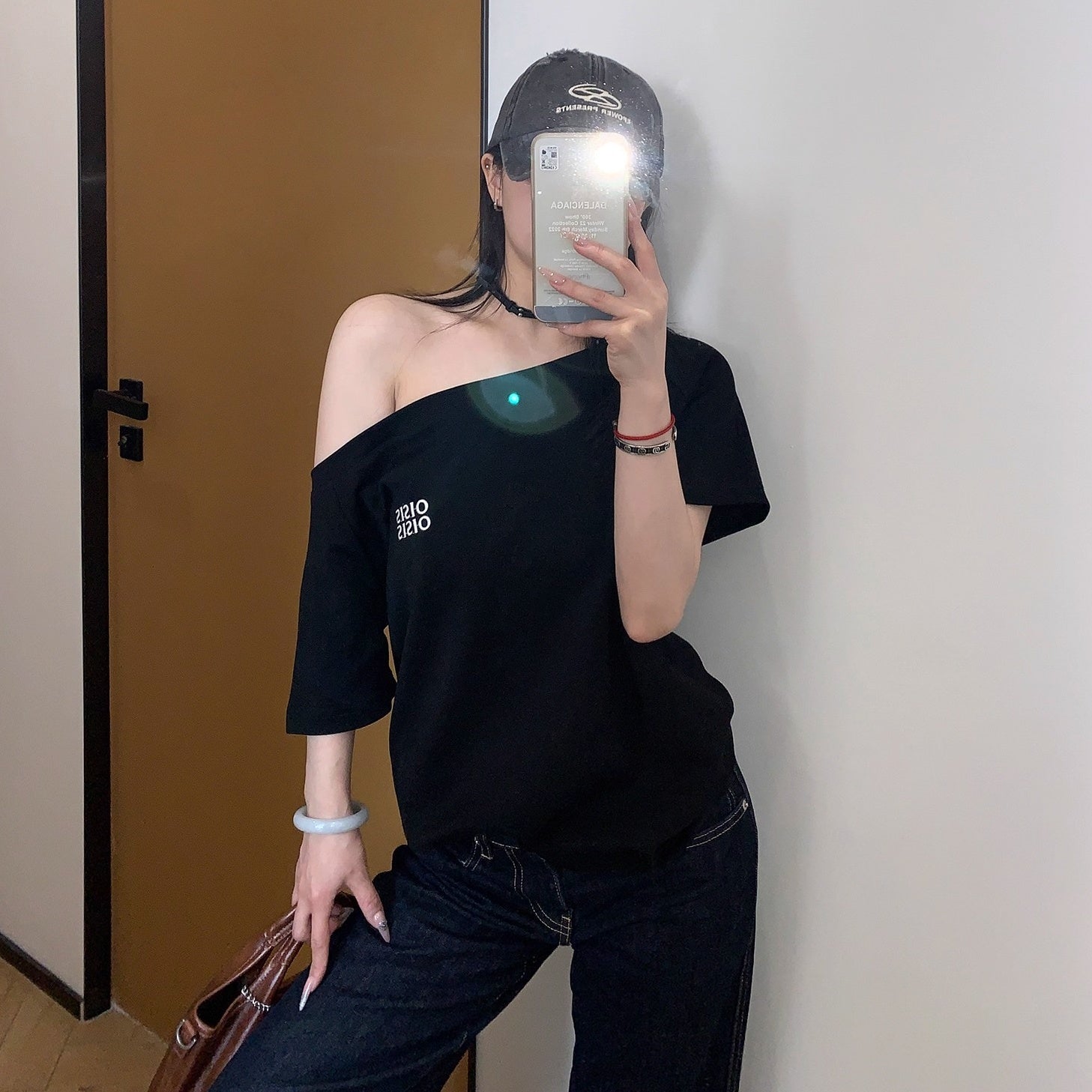 Cropped Slanted Shoulder Embroidered T-shirt OS2017