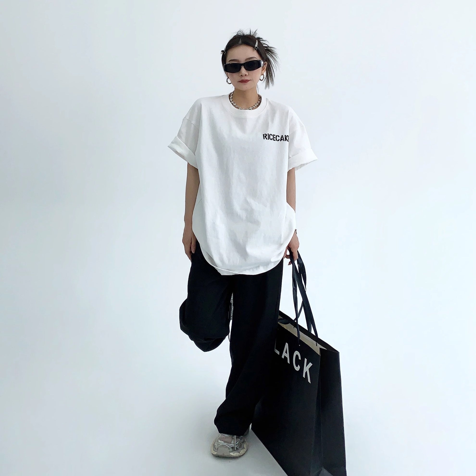 Simple Flocking Print Loose T-shirt OS2006