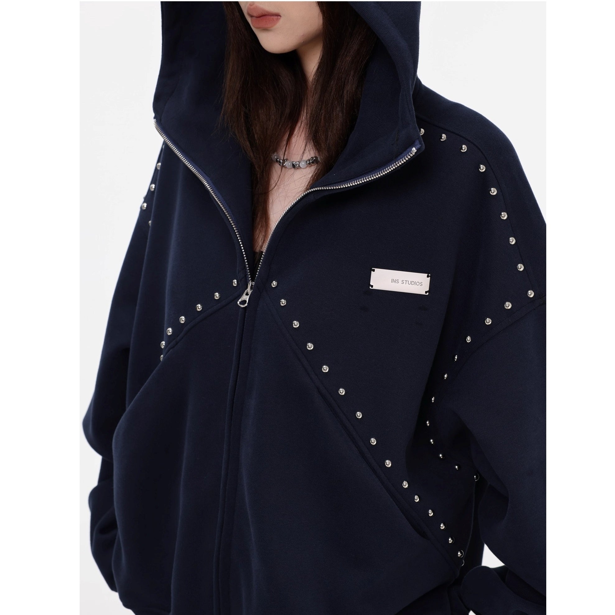 Stitched Rivet Zipper Hooded Jacket IN7016