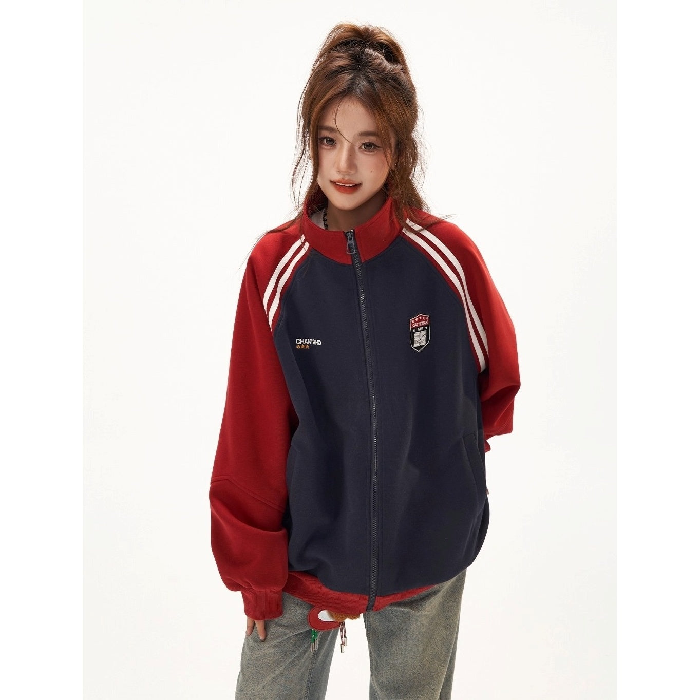 Stand-Collar Raglan Color-blocked Sweat Jacket CA7010