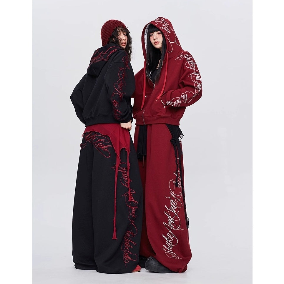 【上下別売り】Gothic Letter Embroidery Hooded Sweat Parka & Pants Set-up CB1001