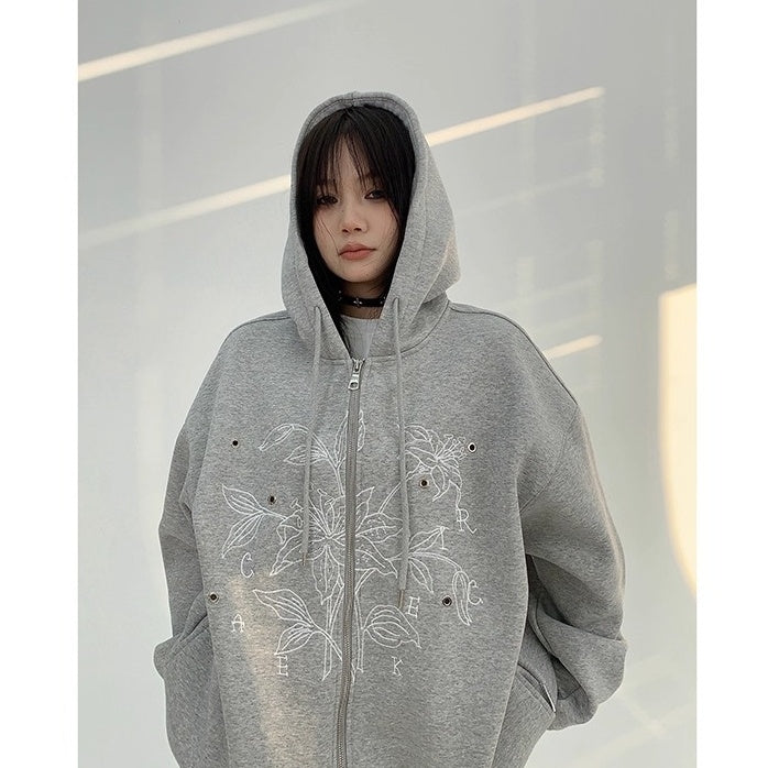 Flower Embroidered Loose Hooded Jacket OS2050