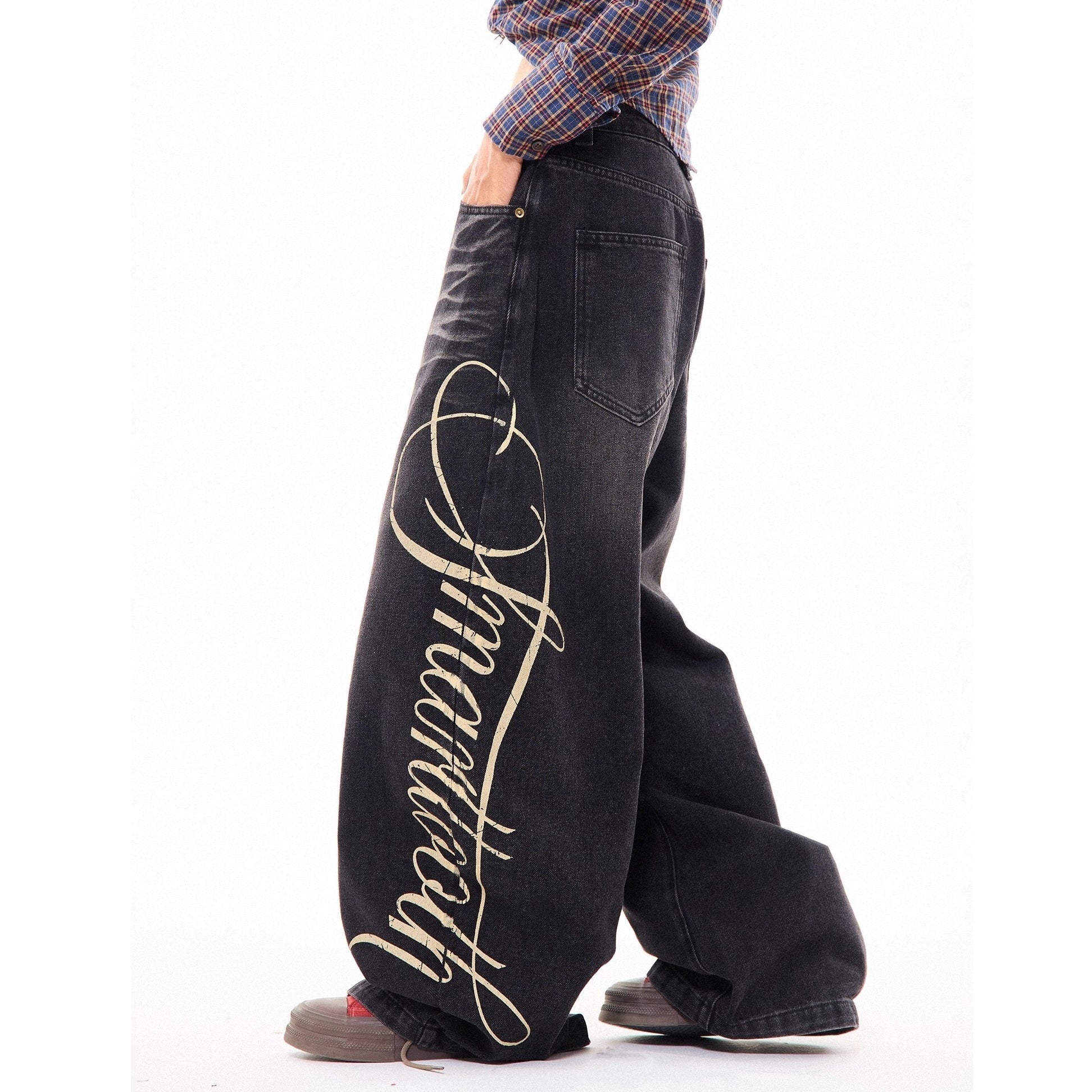 Side Print Washed Cat Whiskers Curve Jeans MW10259