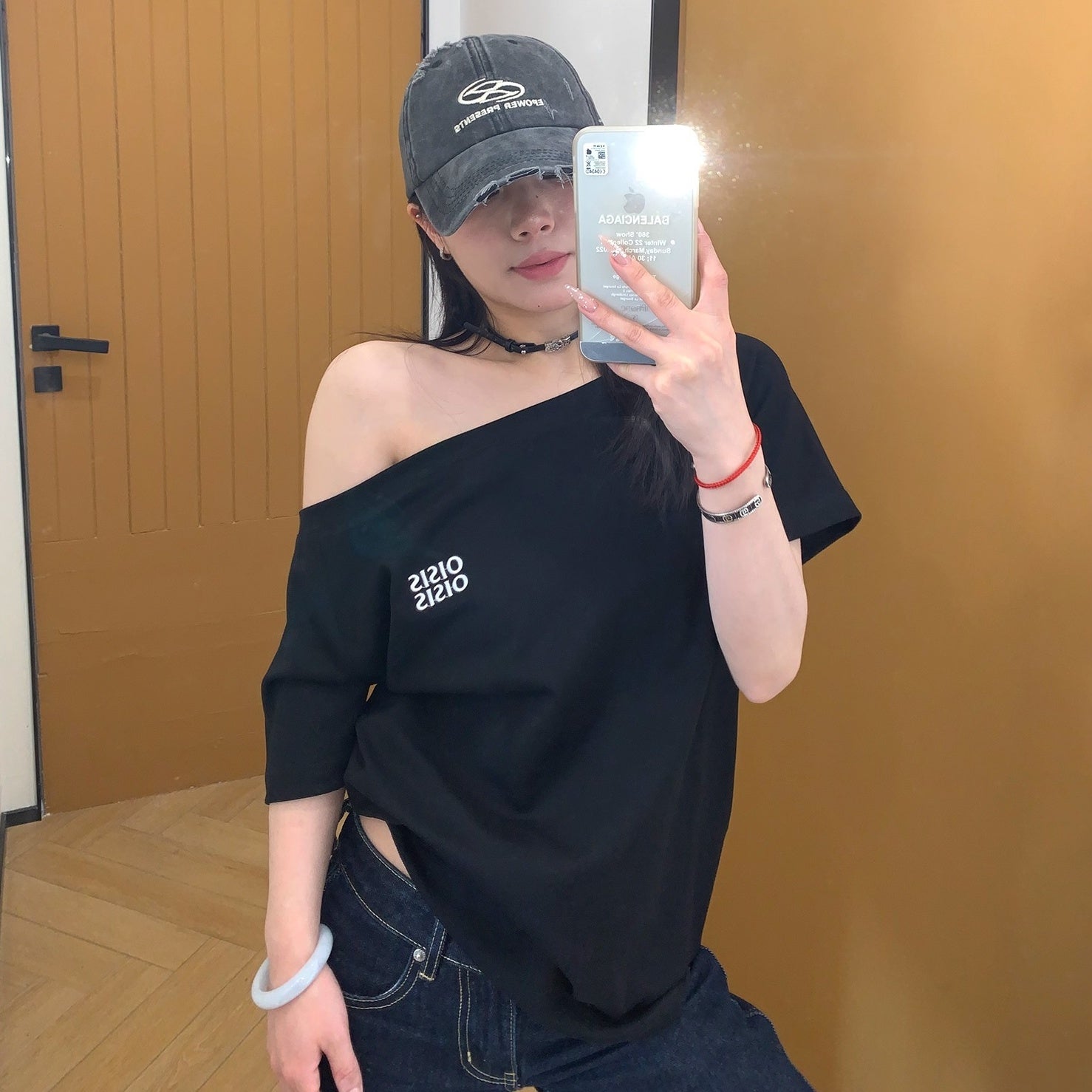 Cropped Slanted Shoulder Embroidered T-shirt OS2017