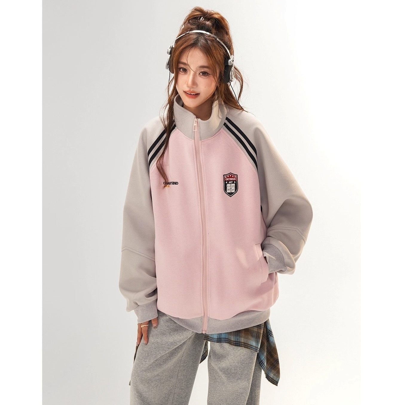 Stand-Collar Raglan Color-blocked Sweat Jacket CA7010
