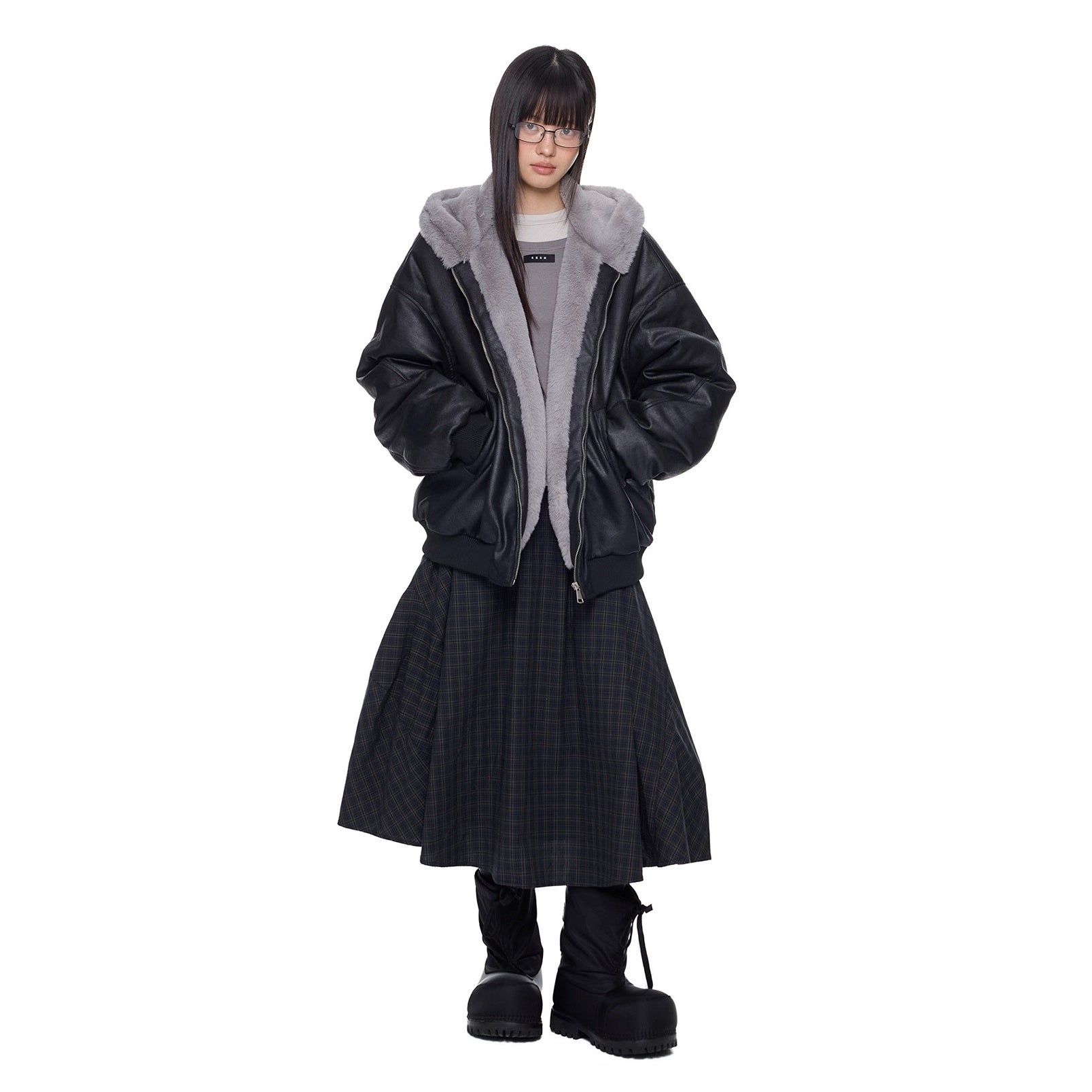 Furry Hooded PU Leather Loose Jacket EZ288