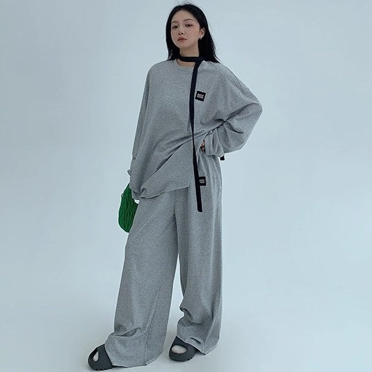 【上下別売り】Tag Design Long-sleeved T-shirt & Loose Casual Pants Set-up OS2033