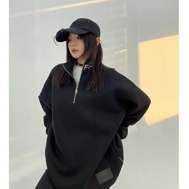 Embroidered Stand Collar Half-Zip Sweat OS2053