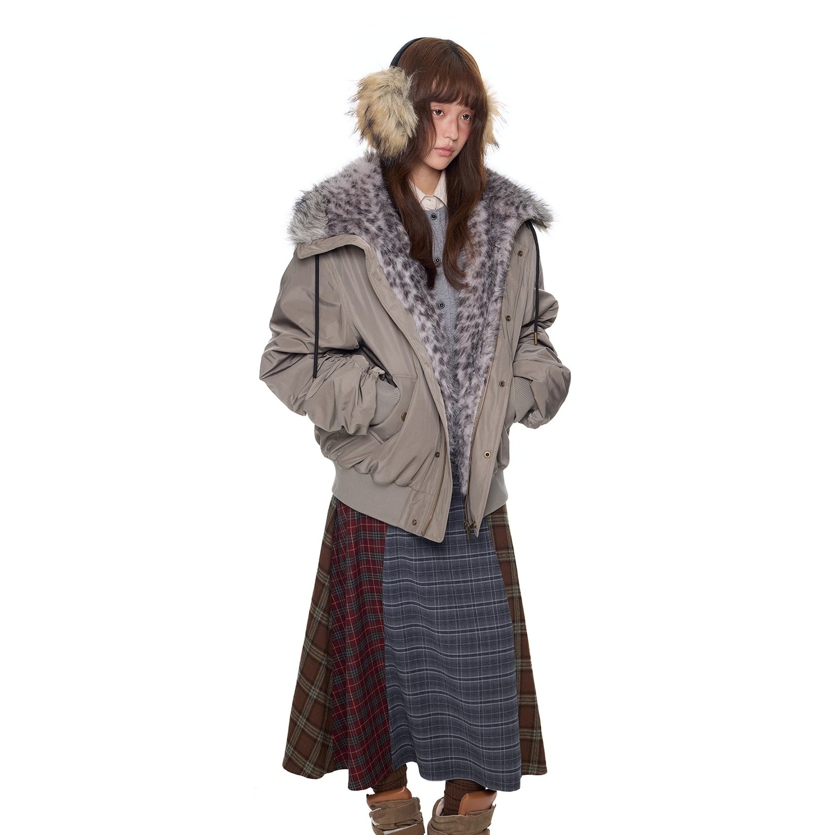 Leopard Liner Fur Short Hooded Jacket EZ273