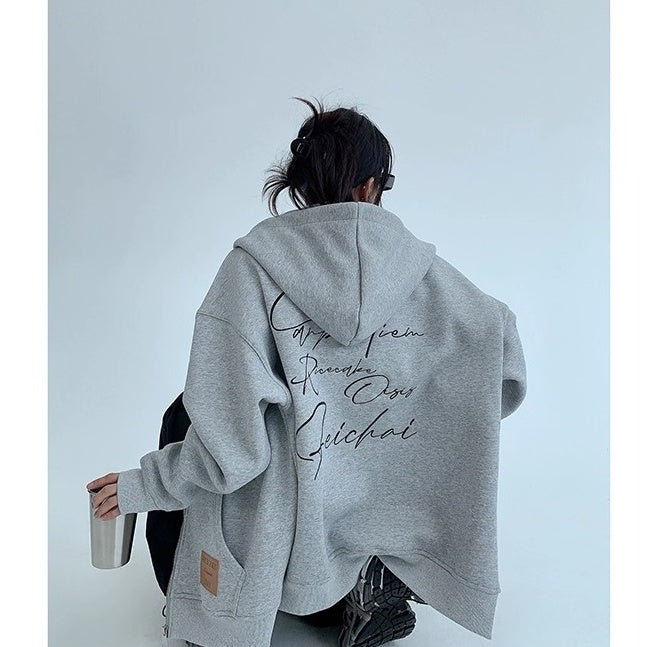 Back Letter Embroidery Hooded Jacket OS2051