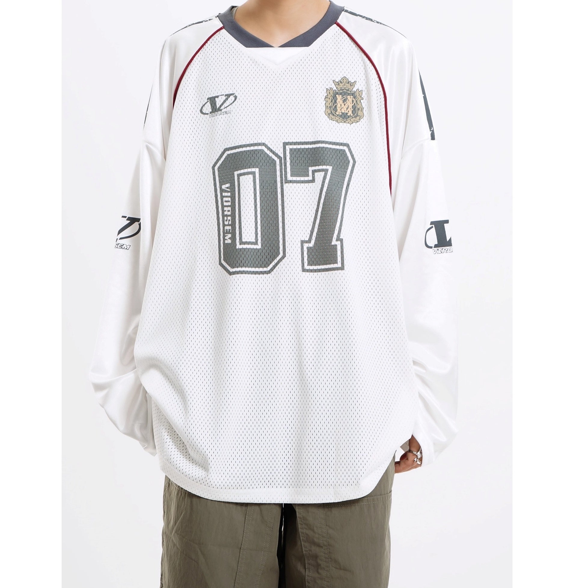 Letter Print V-Neck Mesh Long Sleeve T-Shirt MW10255