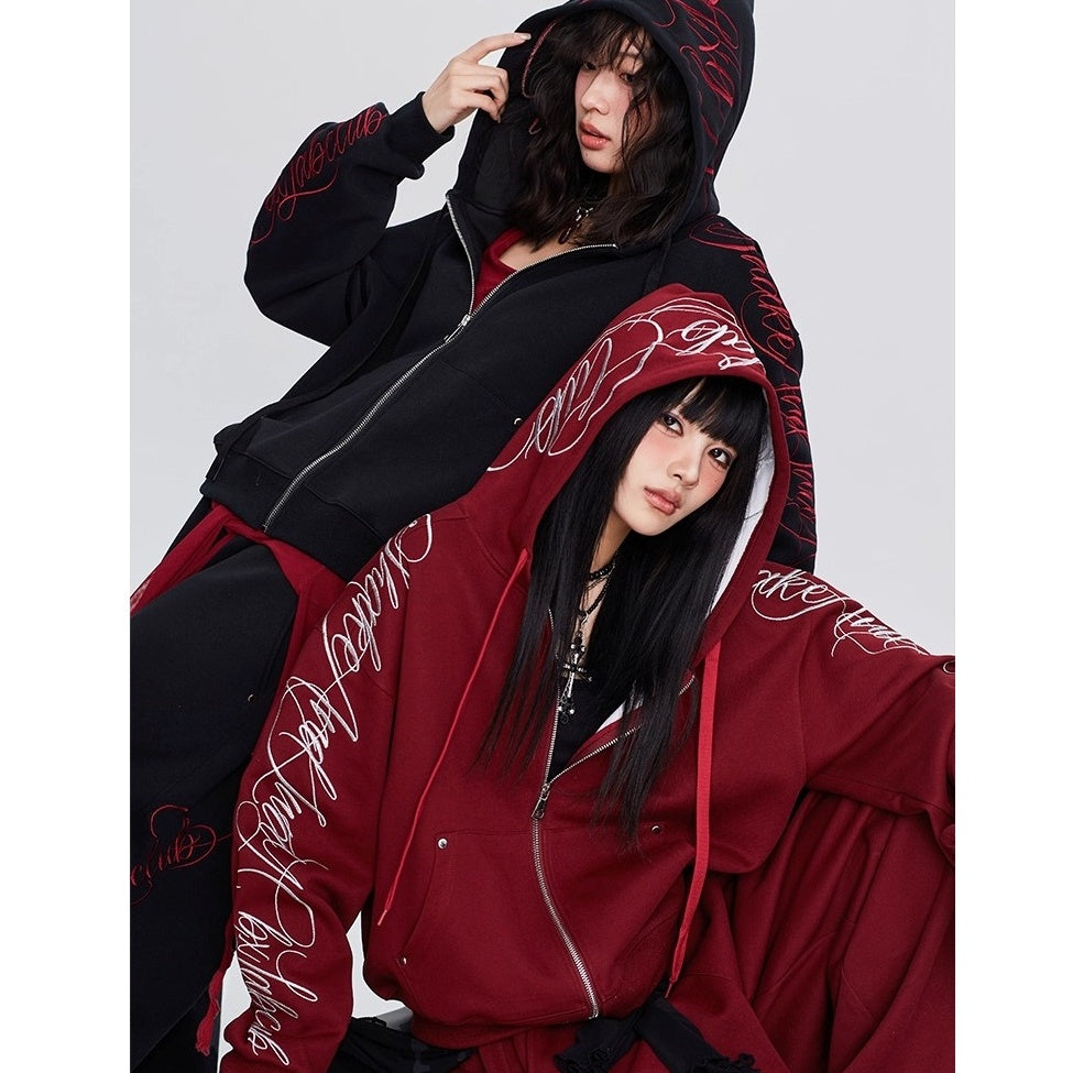 【上下別売り】Gothic Letter Embroidery Hooded Sweat Parka & Pants Set-up CB1001