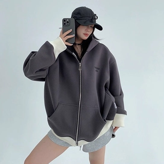 Contrast Embroidery Zip Hooded Jacket OS2043