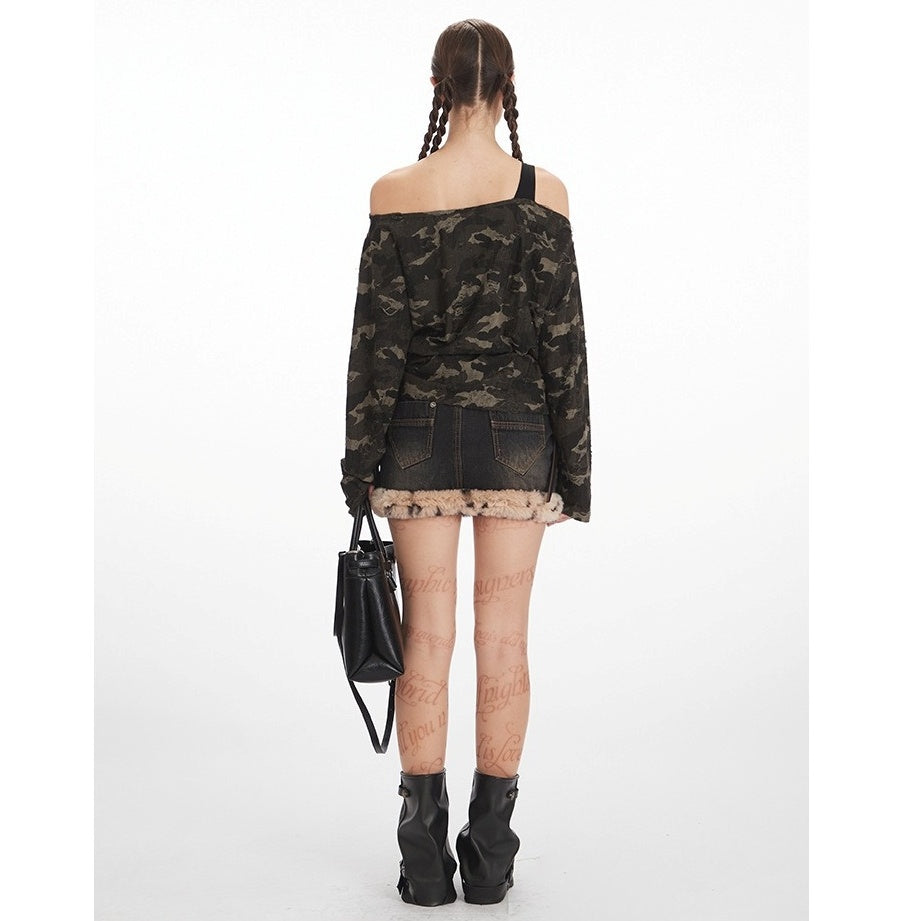 Camouflage Off-the-Shoulder Long Sleeve T-Shirt NR7005