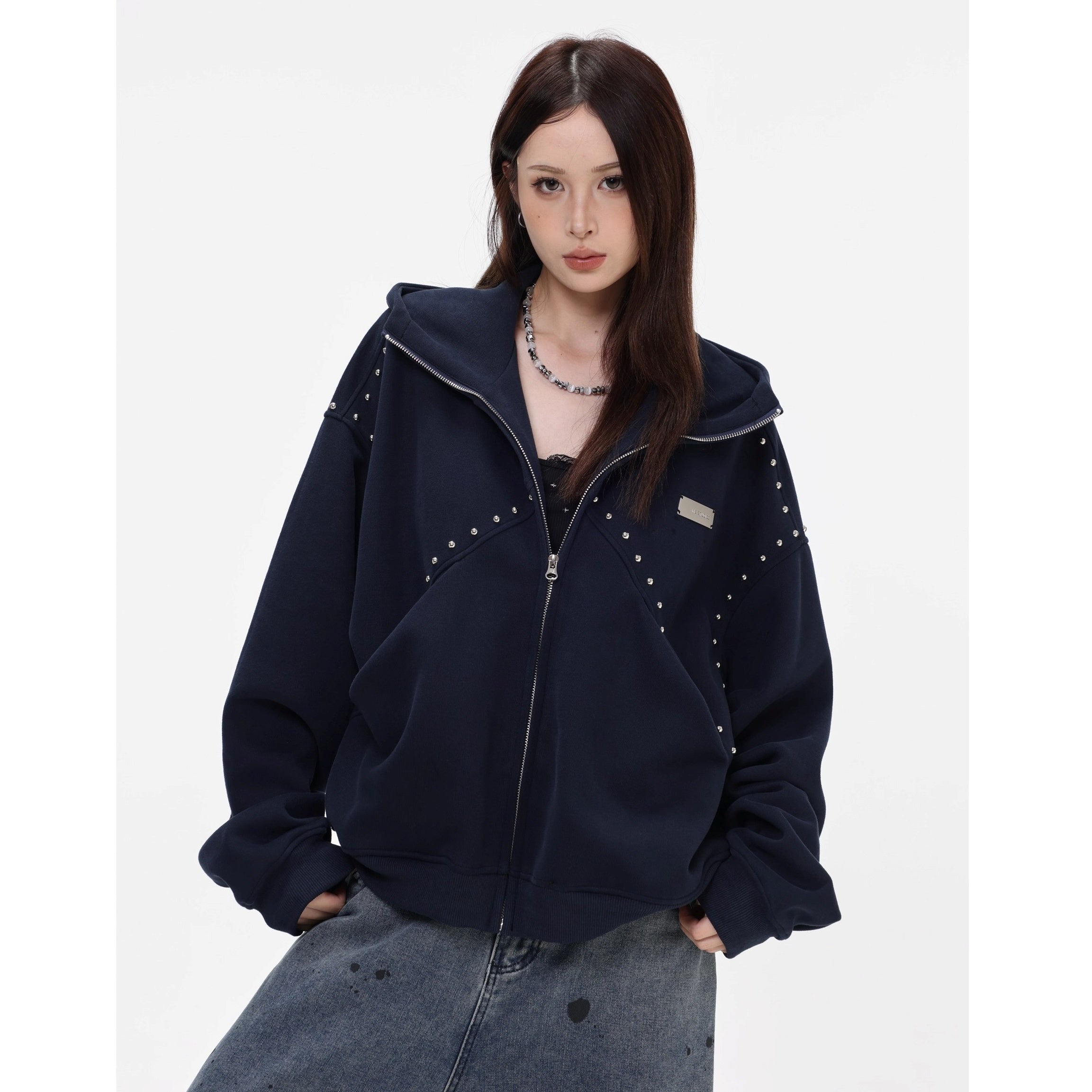 Stitched Rivet Zipper Hooded Jacket IN7016