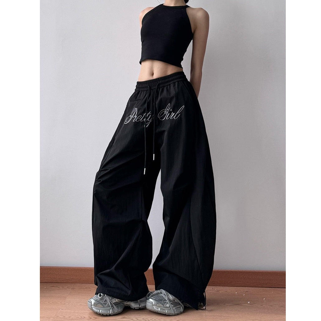 Letter Embroidery Pleated Paratrooper Curve Pants MW10169