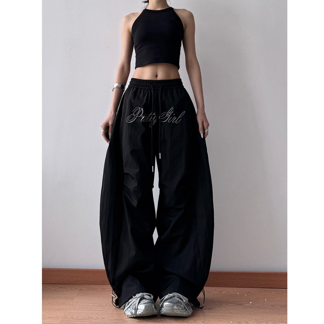 Letter Embroidery Pleated Paratrooper Curve Pants MW10169