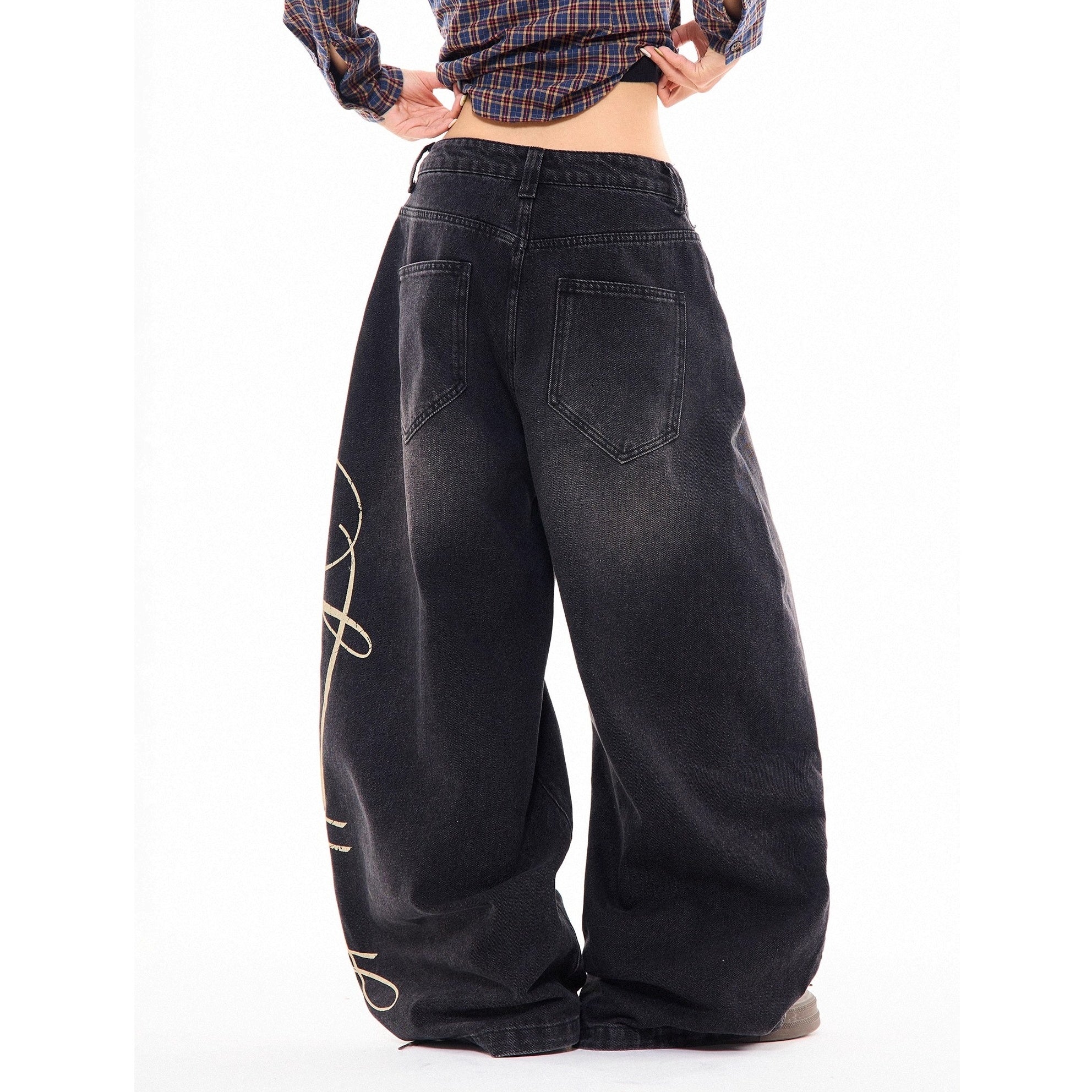 Side Print Washed Cat Whiskers Curve Jeans MW10259
