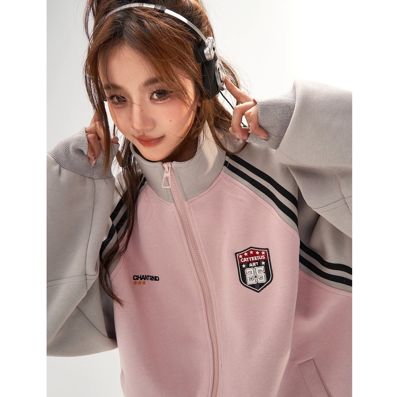 Stand-Collar Raglan Color-blocked Sweat Jacket CA7010