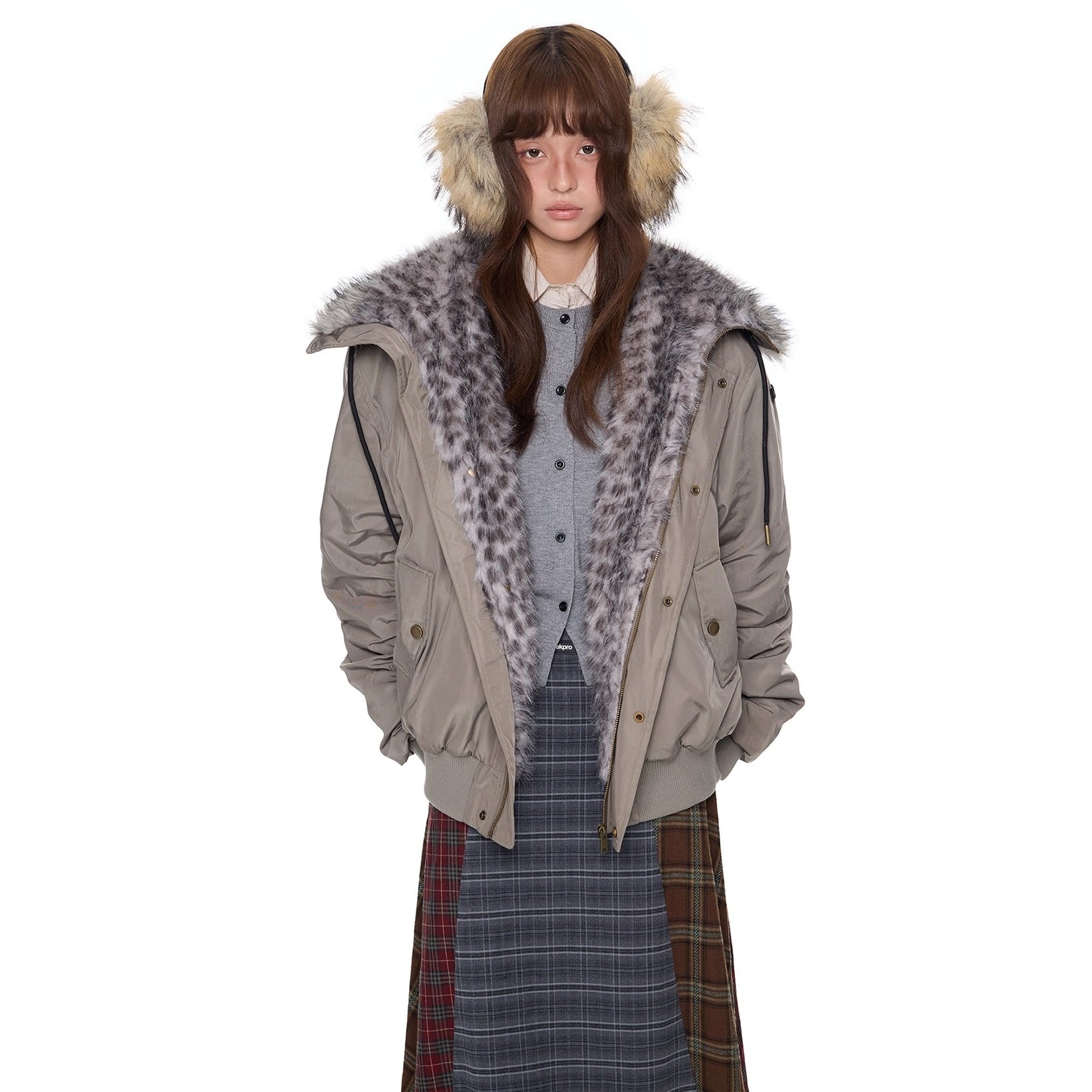 Leopard Liner Fur Short Hooded Jacket EZ273