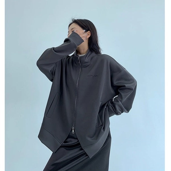 Double Zipper Stand Collar Loose Jacket OS2041