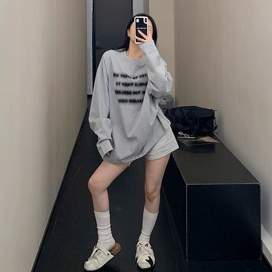 Smudged Letter Print Long Sleeves T-shirt OS2034