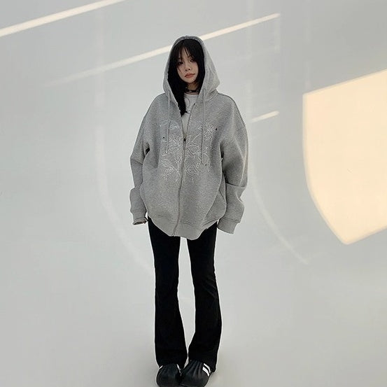 Flower Embroidered Loose Hooded Jacket OS2050