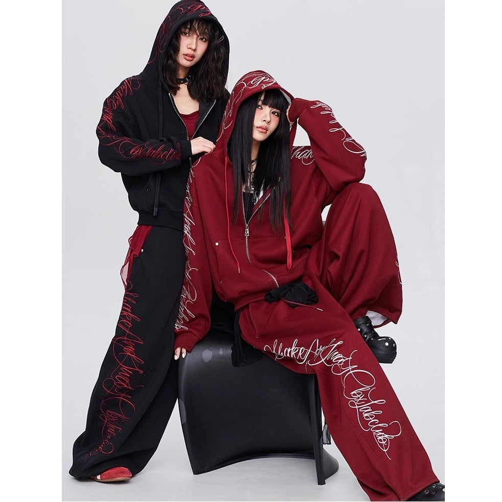 【上下別売り】Gothic Letter Embroidery Hooded Sweat Parka & Pants Set-up CB1001
