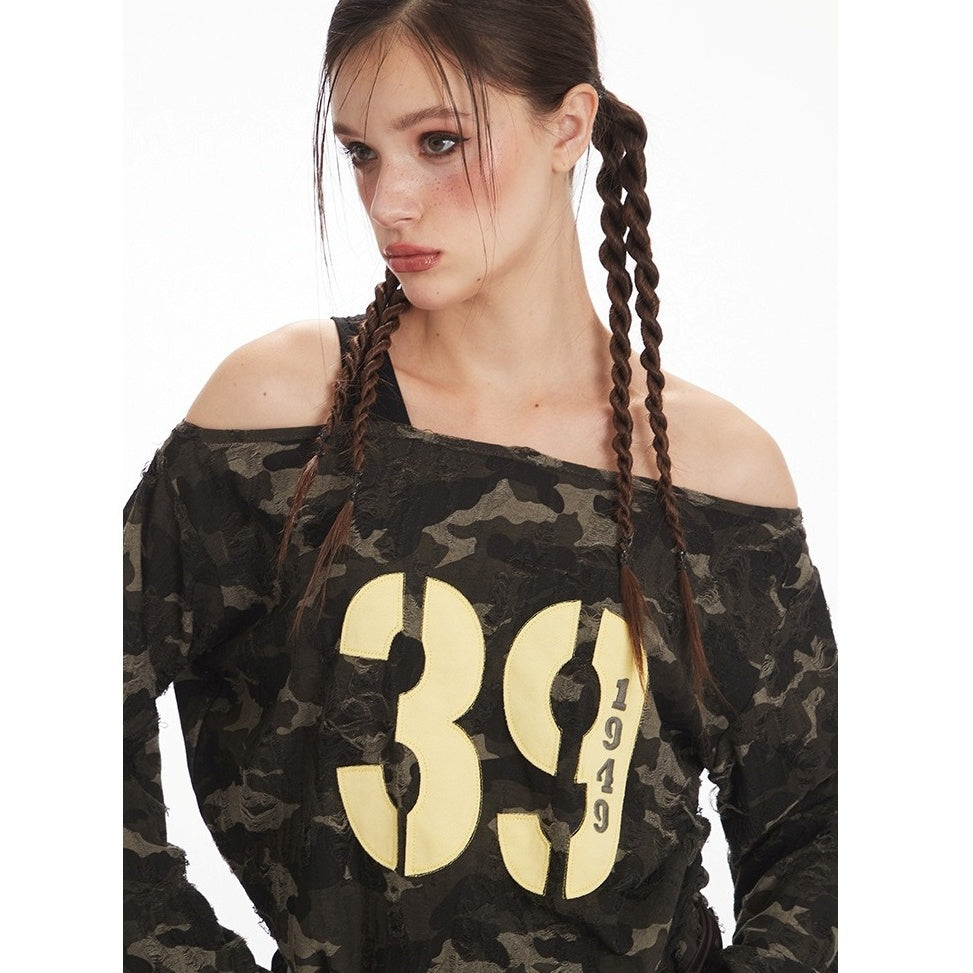 Camouflage Off-the-Shoulder Long Sleeve T-Shirt NR7005