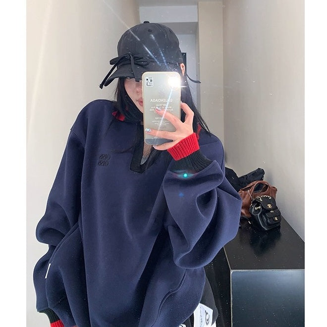 Contrast Polo Collar Loose Sweat OS2045