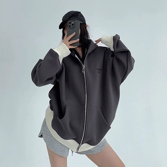 Contrast Embroidery Zip Hooded Jacket OS2043