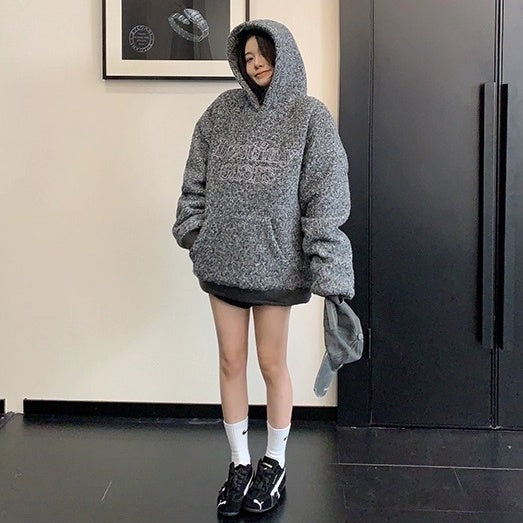 Letter Stitch Oversize Boa Hoodie OS2061
