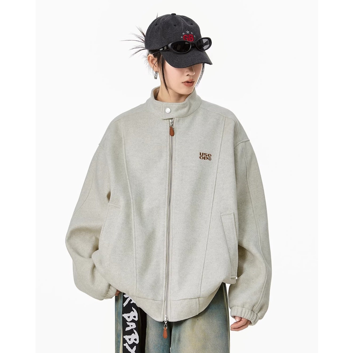 Embroidered Stand Collar Zip Jacket IC9119