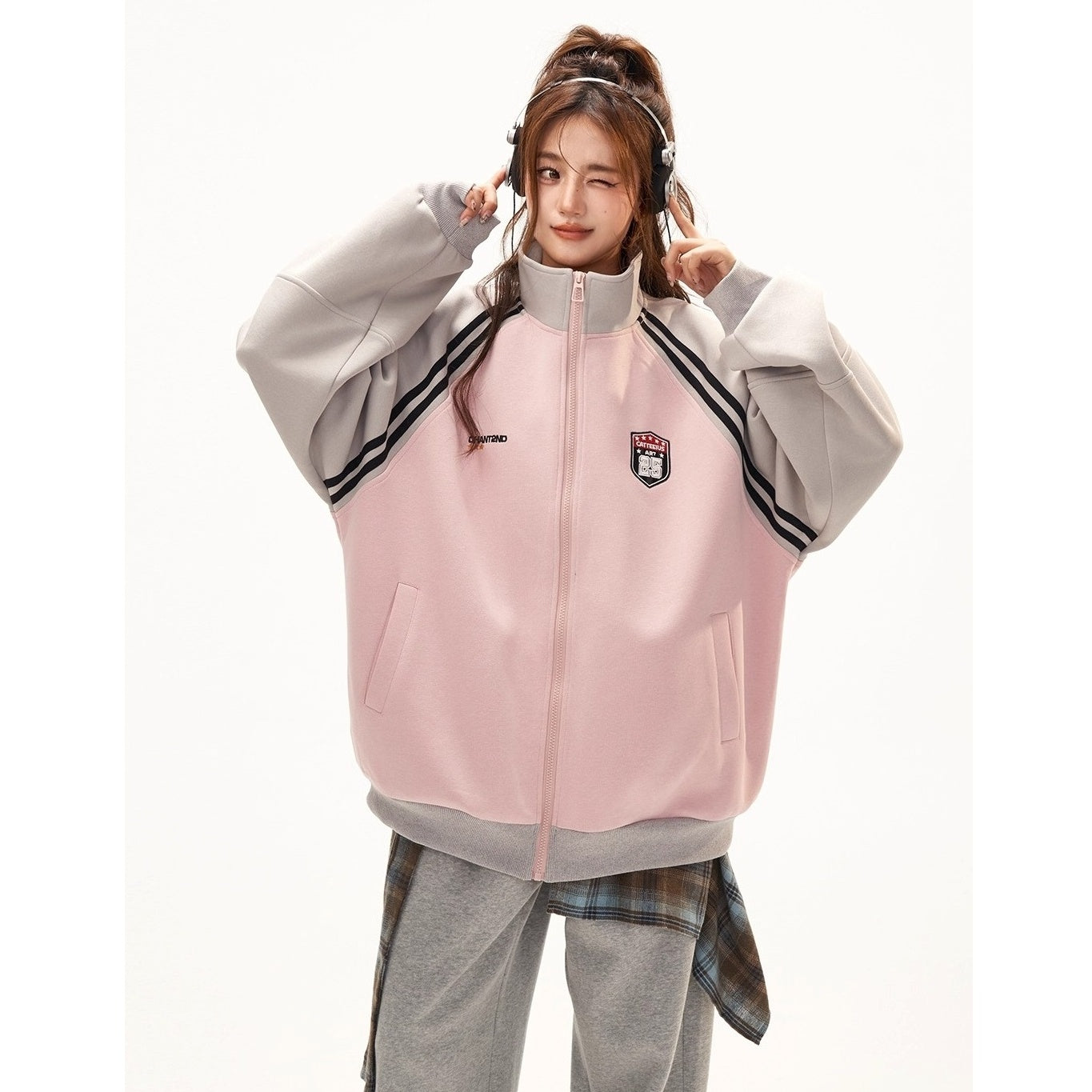 Stand-Collar Raglan Color-blocked Sweat Jacket CA7010