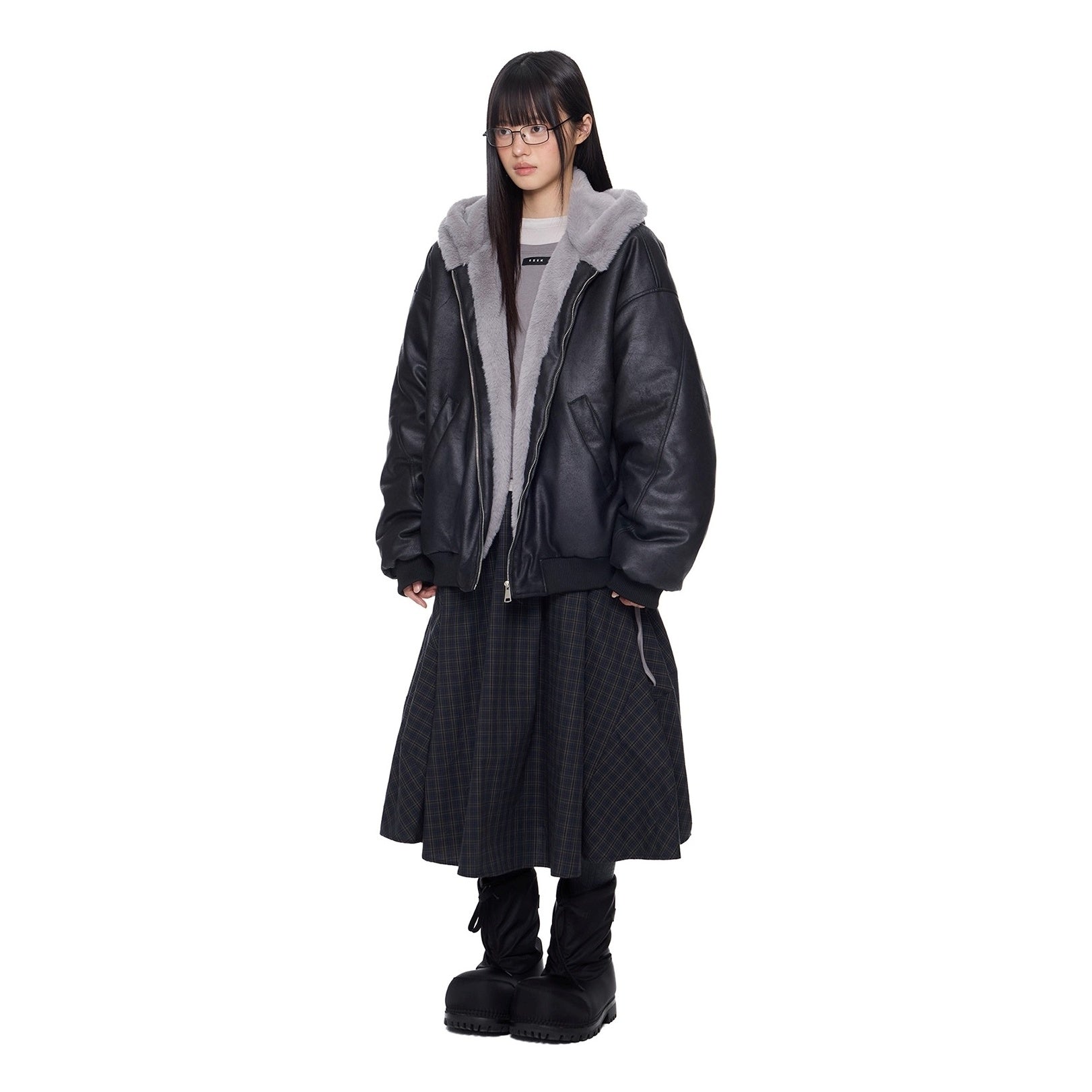 Furry Hooded PU Leather Loose Jacket EZ288