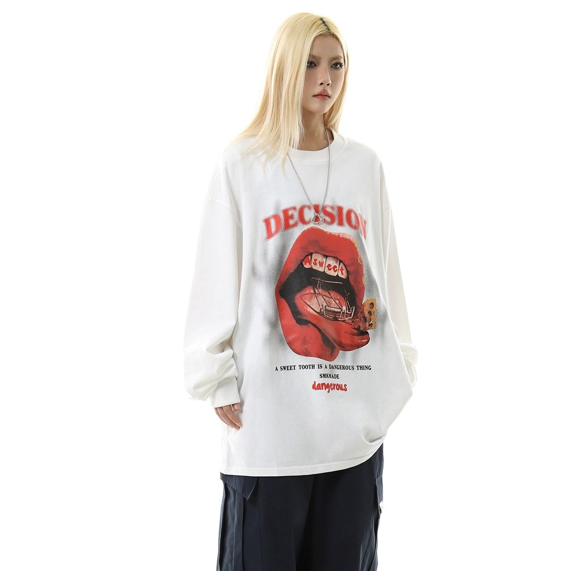 Lip Print Loose Long-Sleeve T-shirt MW10245