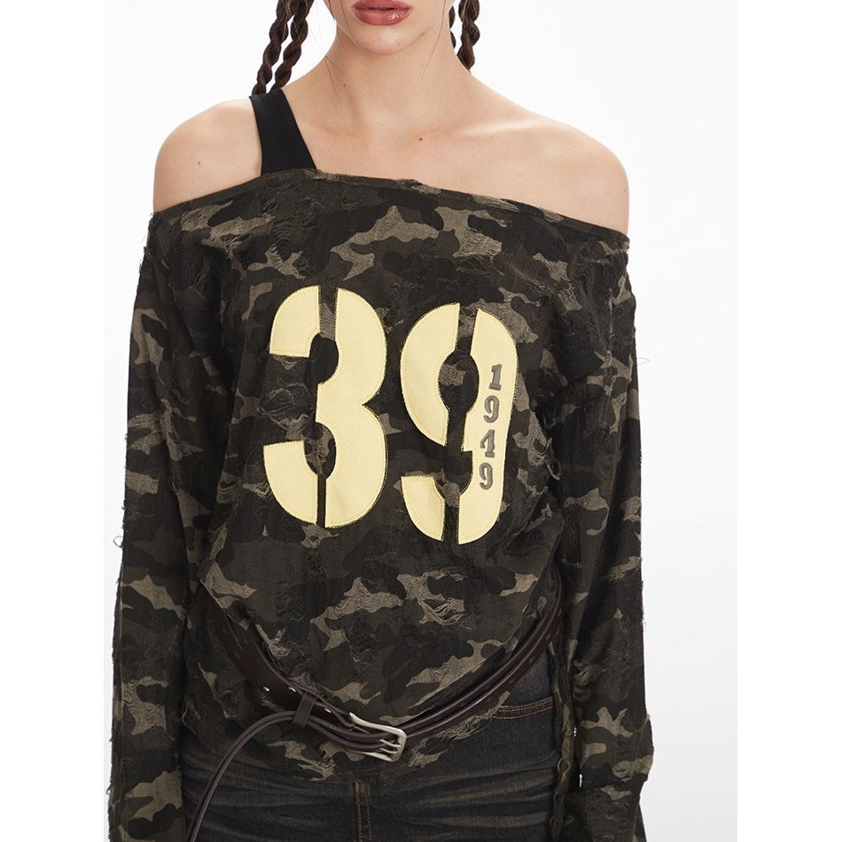 Camouflage Off-the-Shoulder Long Sleeve T-Shirt NR7005