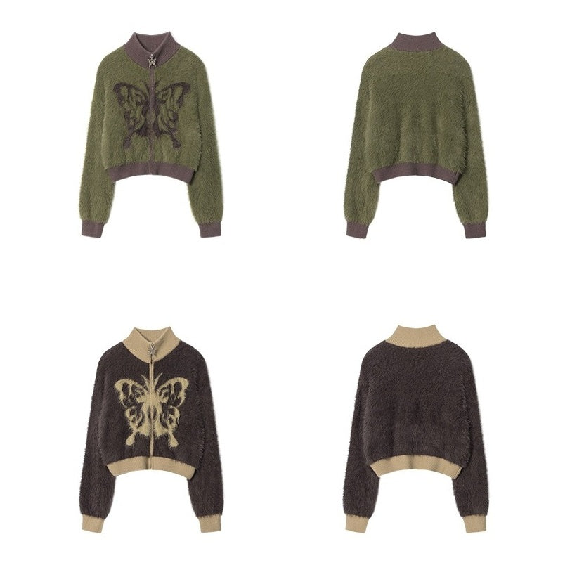 Stand Collar Butterfly Embroidered Cardigan NR7004