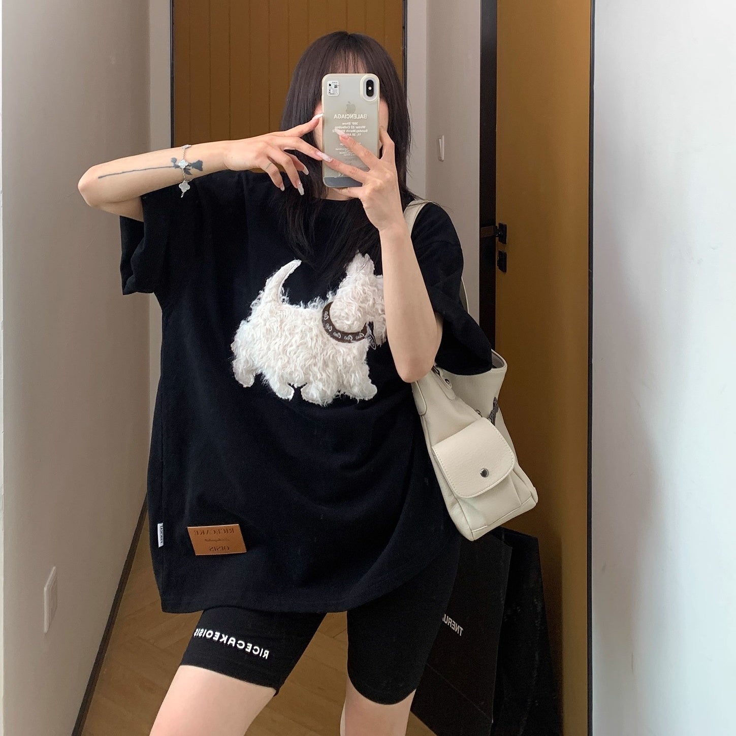 Cartoon Plush Dog Embroidery Loose T-shirt OS2007