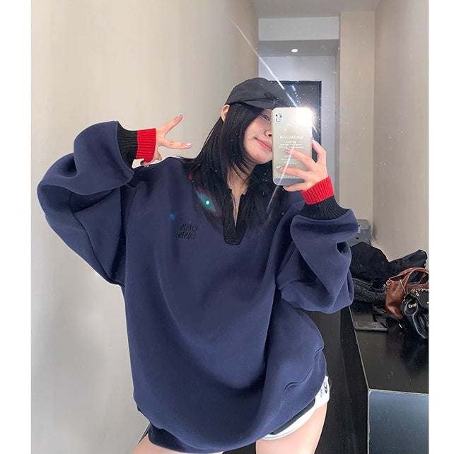 Contrast Polo Collar Loose Sweat OS2045