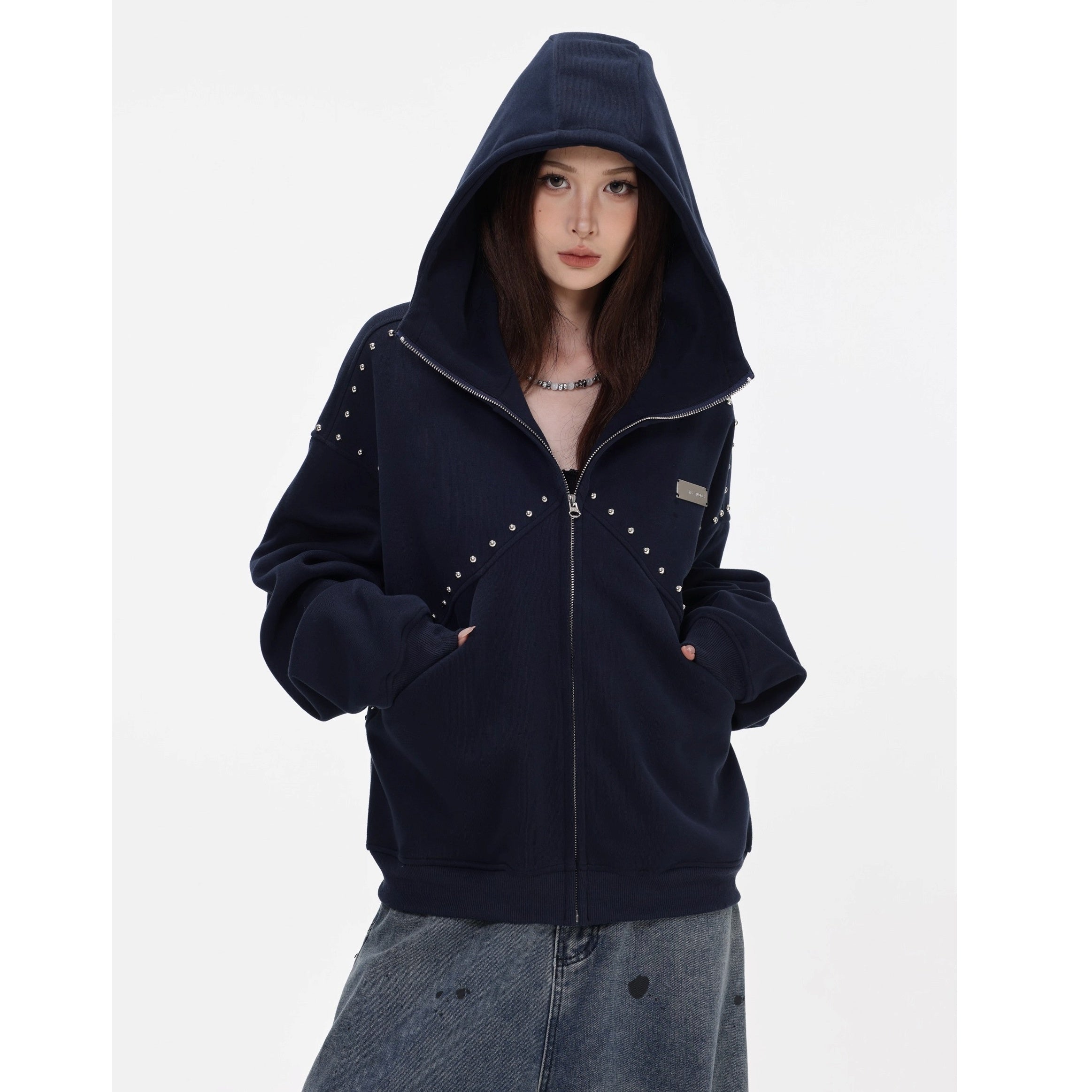 Stitched Rivet Zipper Hooded Jacket IN7016