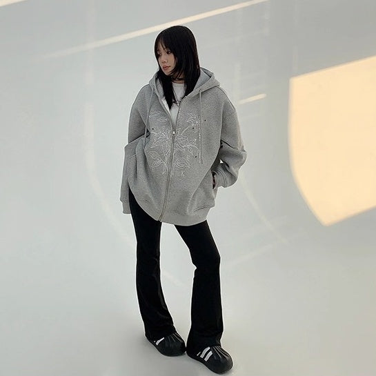 Flower Embroidered Loose Hooded Jacket OS2050