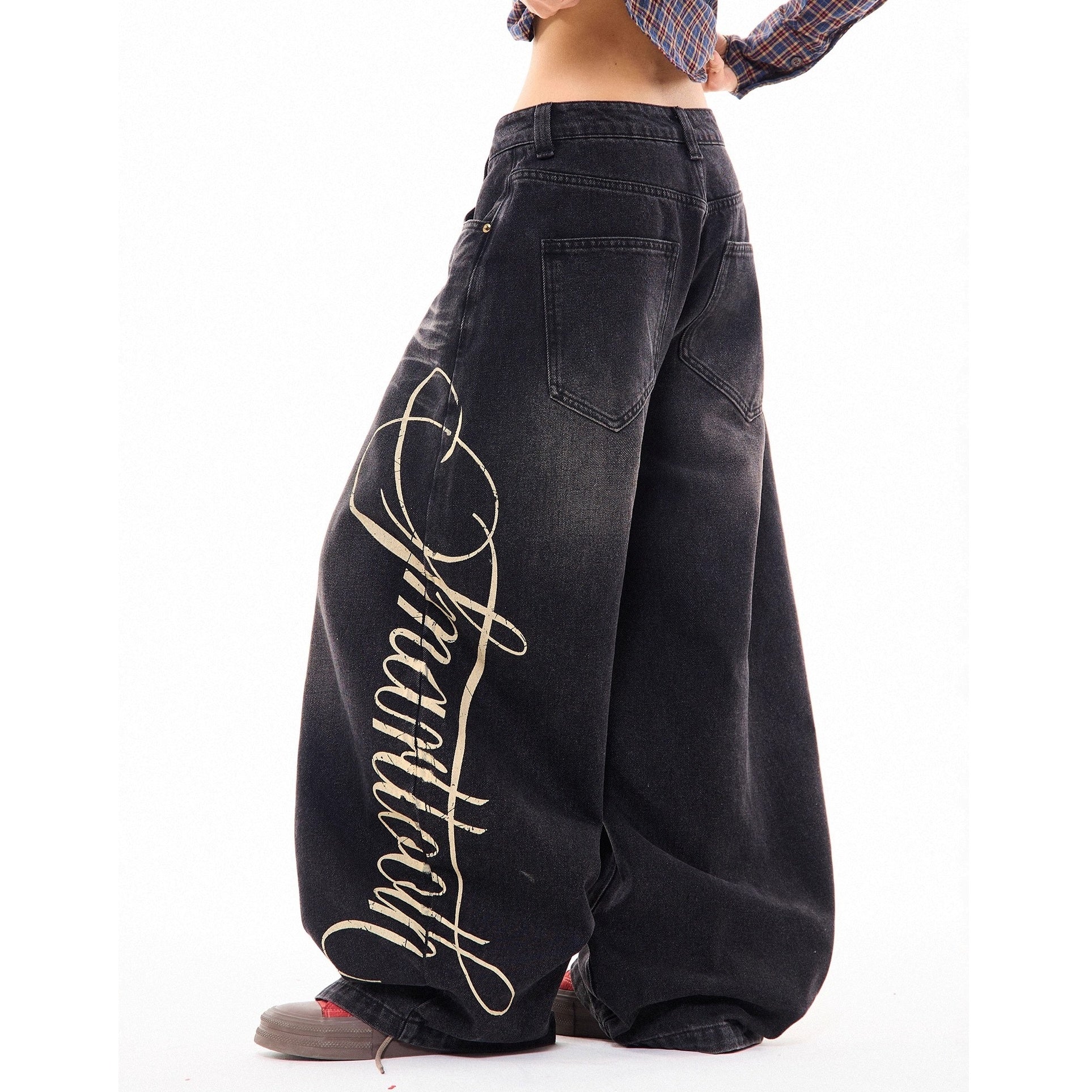 Side Print Washed Cat Whiskers Curve Jeans MW10259