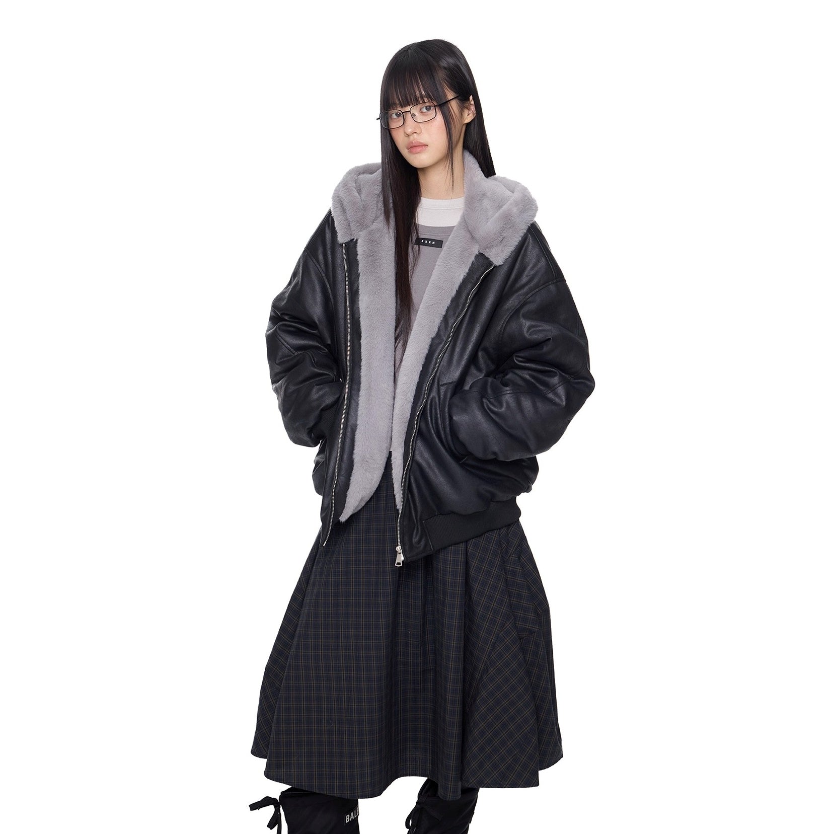 Furry Hooded PU Leather Loose Jacket EZ288