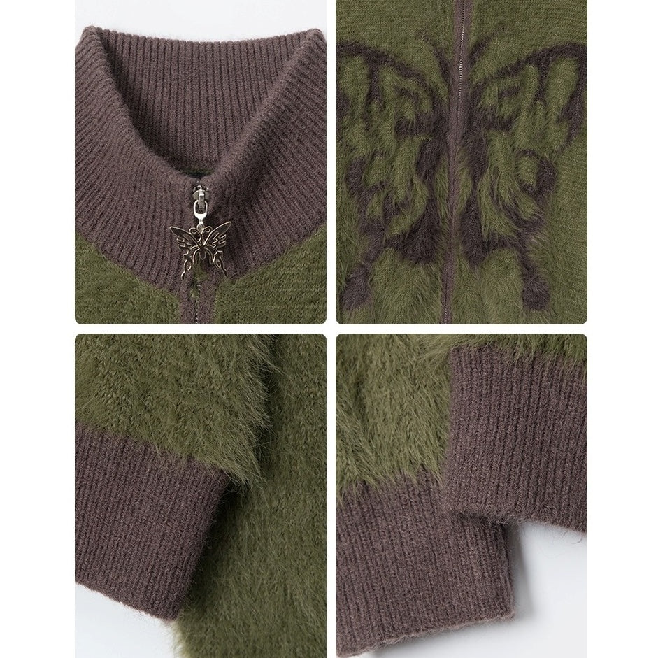 Stand Collar Butterfly Embroidered Cardigan NR7004