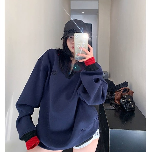 Contrast Polo Collar Loose Sweat OS2045