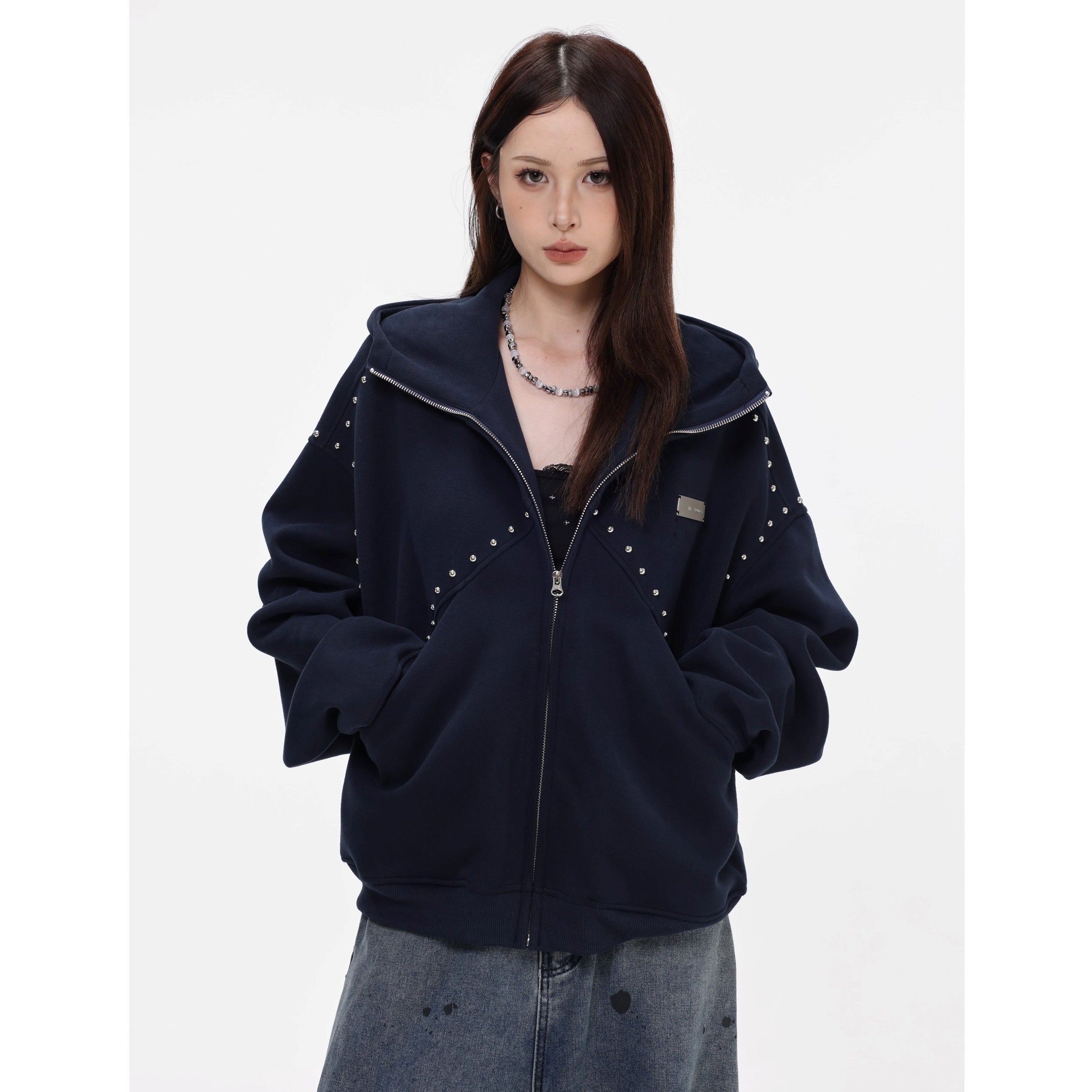 Stitched Rivet Zipper Hooded Jacket IN7016