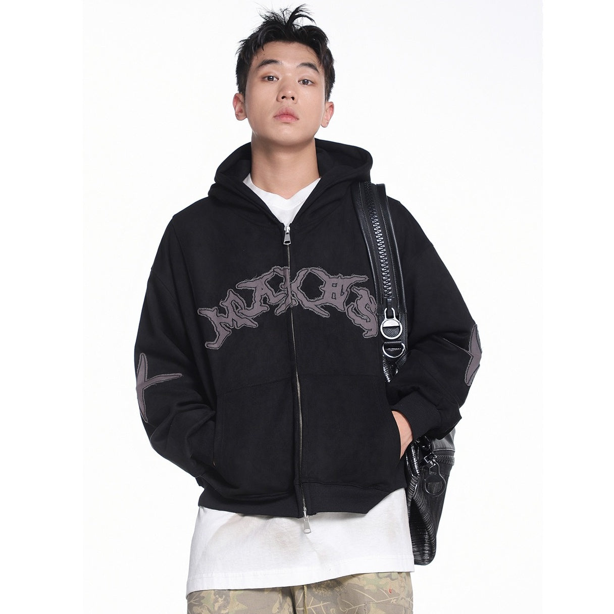 Embroidered Zipper Suede Like Sweat Parka MW10391