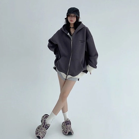 Contrast Embroidery Zip Hooded Jacket OS2043
