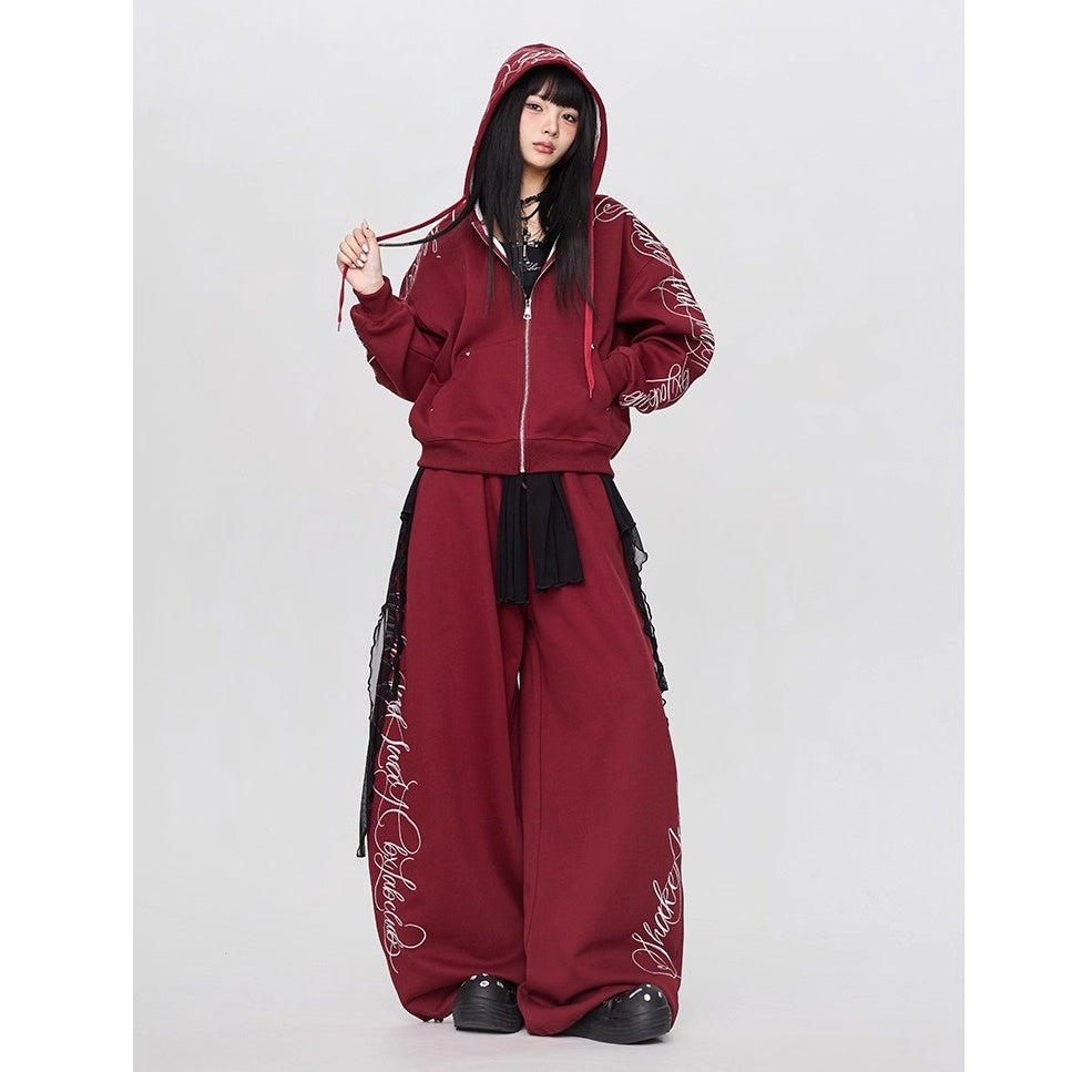 【上下別売り】Gothic Letter Embroidery Hooded Sweat Parka & Pants Set-up CB1001